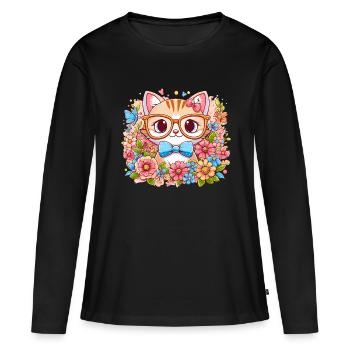 CHAT, CHATON, CHATON, ANIMAL DE COMPAGNIE, FLEUR, PRAIRIE, PRINTEMPS - T-shirt manches longues Premium bio Femme - noir - Devant - Julia (174cm)