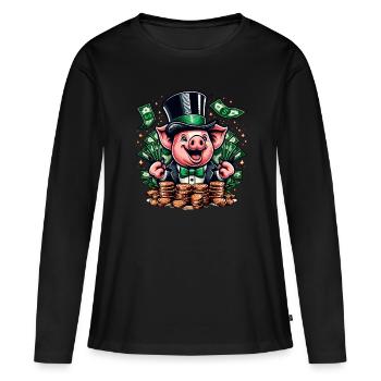 COCHON CHANCEUX JACKPOT ARGENT RICHE PROSPÉRITÉ VERT - T-shirt manches longues Premium bio Femme - noir - Devant - Julia (174cm)