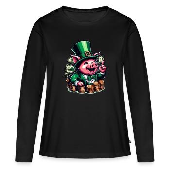 COCHON CHANCEUX JACKPOT ARGENT RICHE PROSPÉRITÉ VERT - T-shirt manches longues Premium bio Femme - noir - Devant - Julia (174cm)