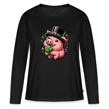 COCHON PORTE-BONHEUR TRÈFLE TRÈFLE CHAPEAU HAUT DE FORME CHANCE PROSPÉRITÉ - T-shirt manches longues Premium bio Femme - noir - Devant - Julia (174cm)