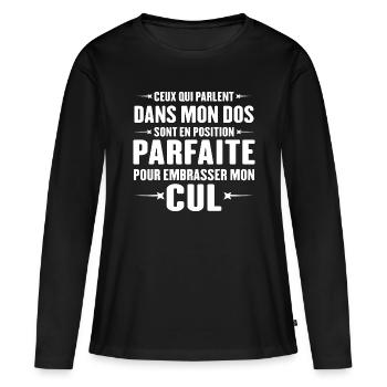 Ceux qui parlent dans mon dos, Humour cadeau - T-shirt manches longues Premium bio Femme - noir - Devant - Julia (174cm)