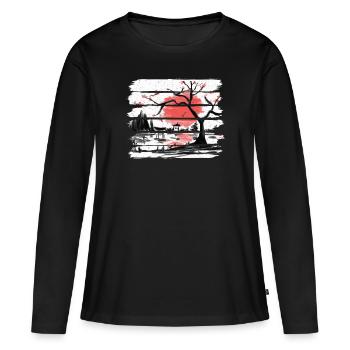 Japan Aquarell Red Sun I Weinlese-Kirschbaum - Frauen Premium Bio Langarmshirt - Schwarz - Vorne - Julia (174cm)