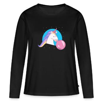 Licorne avec bulle bubble-gum - T-shirt manches longues Premium bio Femme - noir - Devant - Julia (174cm)