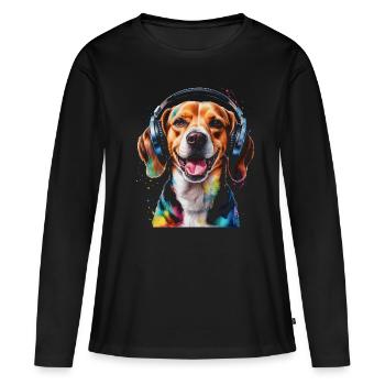 Beagle Headphones Dog Funny Animal Design Print - Women's Premium Organic Long Sleeve Shirt - black - Front - Julia (174cm)