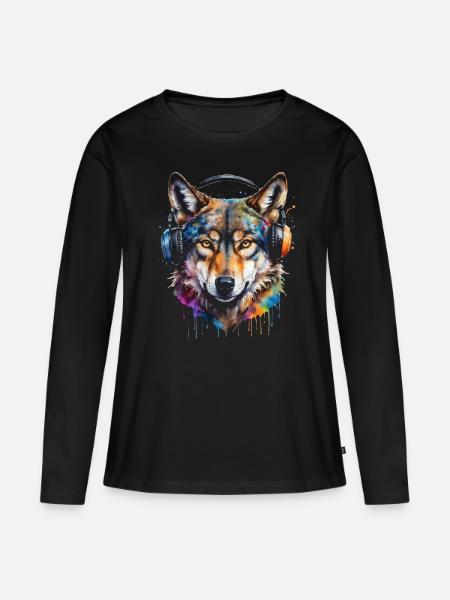 Wolf Kopfhörer Musik Bunt Tier Design Print - Frauen Premium Bio Langarmshirt - Schwarz