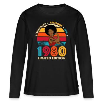 1980 Anniversary Woman Afro Limited Edition - Frauen Premium Bio Langarmshirt - Schwarz - Vorne - Julia (174cm)