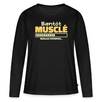 Bald muskulös - bitte warten - Frauen Premium Bio Langarmshirt - Schwarz - Vorne - Julia (174cm)