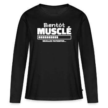 Bald muskulös - bitte warten - Frauen Premium Bio Langarmshirt - Schwarz - Vorne - Julia (174cm)