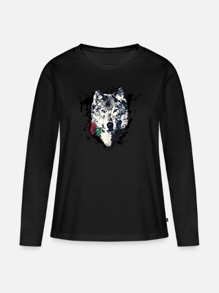 Wolf mit Rose, Love Symbol, Wölfe, Freiheit - Frauen Premium Bio Langarmshirt - Schwarz