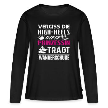 Prinzessin trägt Wanderschuhe / High-Heels, Berge - Frauen Premium Bio Langarmshirt - Schwarz - Vorne - Julia (174cm)