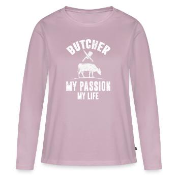 Boucherie boucherie viande saucisse profession de boucherie - T-shirt manches longues Premium bio Femme - rose poudré - Devant - Julia (174cm)