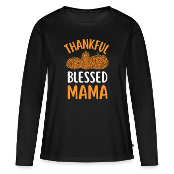 Thankful Mom Mama Herbst Kürbis Leopard Dankbarkei - Frauen Premium Bio Langarmshirt - Schwarz - Vorne - Julia (174cm)