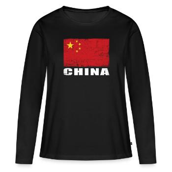 Drapeau de Chine Grunge Drapeau de Chine - T-shirt manches longues Premium bio Femme - noir - Devant - Julia (174cm)