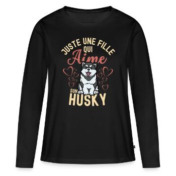 Amant husky mignon kawaii - T-shirt manches longues Premium bio Femme - noir - Devant - Julia (174cm)