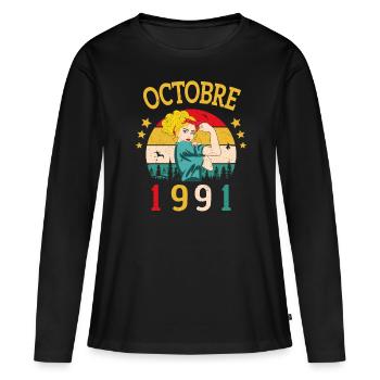 Octobre 1991 Anniversaire Vintage Idée Cadeau - T-shirt manches longues Premium bio Femme - noir - Devant - Julia (174cm)
