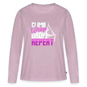 Climb Wrap Drop Repeat - Yoga aérien - T-shirt manches longues Premium bio Femme - rose poudré - Devant - Julia (174cm)