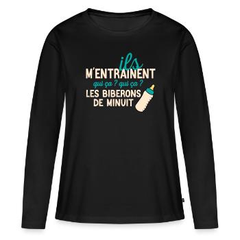 Les joies du biberon de minuit - T-shirt manches longues Premium bio Femme - noir - Devant - Julia (174cm)