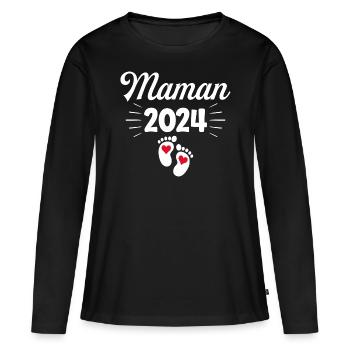 Femme Annonce Grossesse Future Maman 2024 - T-shirt manches longues Premium bio Femme - noir - Devant - Julia (174cm)