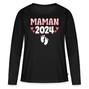 Femme Grossesse Annonce Enfant Future Maman 2024 - T-shirt manches longues Premium bio Femme - noir - Devant - Julia (174cm)