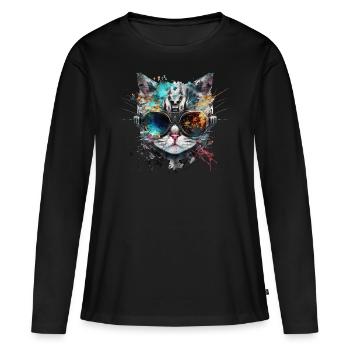 Chat Cyberpunk, Tête de chat, Robot, Cyborg - T-shirt manches longues Premium bio Femme - noir - Devant - Julia (174cm)
