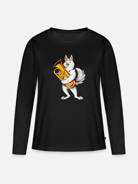 Cartoon Wolf spielt Euphonium - Frauen Premium Bio Langarmshirt - Schwarz