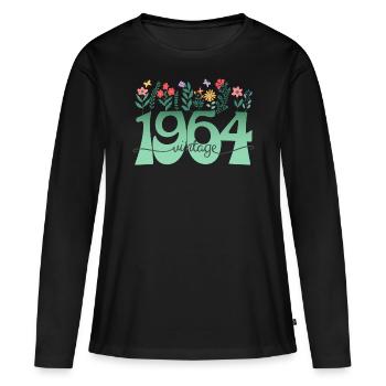 Motif Fleurs 1964 Fête Anniversaire Femme 60 Ans - T-shirt manches longues Premium bio Femme - noir - Devant - Julia (174cm)