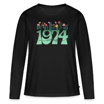 Motif Fleurs 1974 Fête Anniversaire Femme 50 Ans - T-shirt manches longues Premium bio Femme - noir - Devant - Julia (174cm)