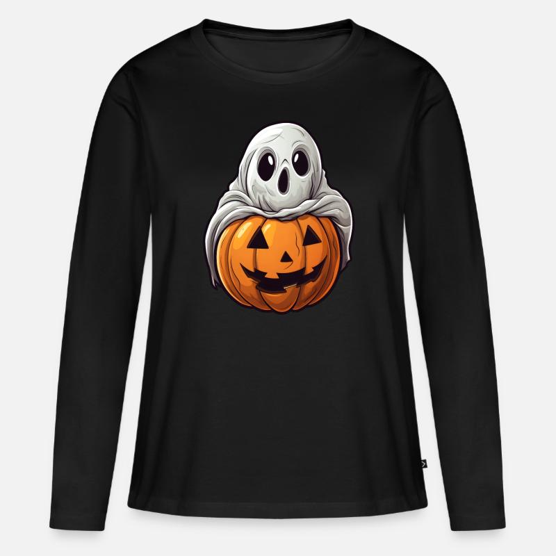 Geist Kürbis Halloween Comic - Frauen Premium Bio Langarmshirt - Schwarz
