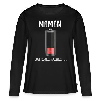 Maman Débordée Cadeau Humour Batterie Faible - T-shirt manches longues Premium bio Femme - noir - Devant - Julia (174cm)
