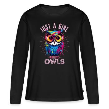 Bunte Eule mit Kopfhörer - Frauen Premium Bio Langarmshirt - Schwarz - Vorne - Julia (174cm)