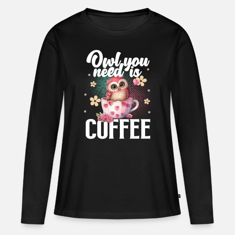 Eule Kaffee - Frauen Premium Bio Langarmshirt - Schwarz