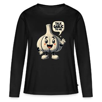 Amoureux de l’ail Jeu de mots sur l’ail Parlez-moi de l’ail - T-shirt manches longues Premium bio Femme - noir - Devant - Julia (174cm)