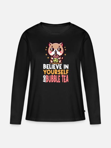 Kawaii Cat Bubble Tea Boba Drink Koreanisch Asiatisch - Frauen Premium Bio Langarmshirt - Schwarz
