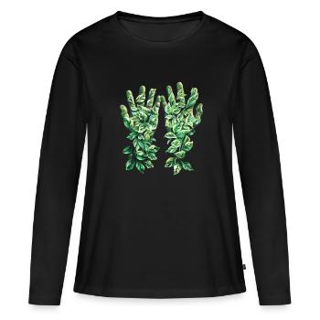 Grüne Blätter Handumriss Naturmotiv - Frauen Premium Bio Langarmshirt - Schwarz - Vorne - Julia (174cm)
