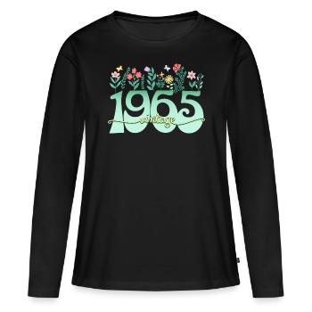 Motif Fleurs 1965 Fête Anniversaire Femme 60 Ans - T-shirt manches longues Premium bio Femme - noir - Devant - Julia (174cm)