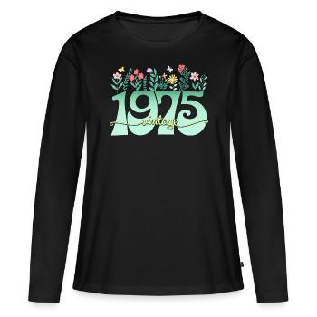 Motif Fleurs 1975 Fête Anniversaire Femme 50 Ans - T-shirt manches longues Premium bio Femme - noir - Devant - Julia (174cm)