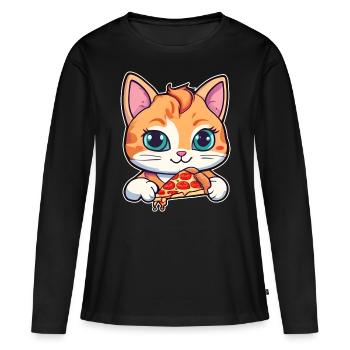 Le chat adore la pizza - T-shirt manches longues Premium bio Femme - noir - Devant - Julia (174cm)