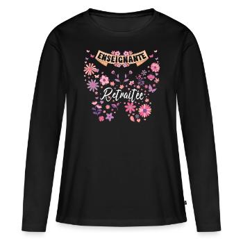 Papillon Femme Enseignante Retraite - T-shirt manches longues Premium bio Femme - noir - Devant - Julia (174cm)