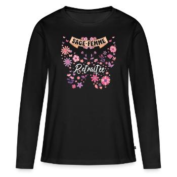 Papillon Femme Sage Femme Retraite - T-shirt manches longues Premium bio Femme - noir - Devant - Julia (174cm)