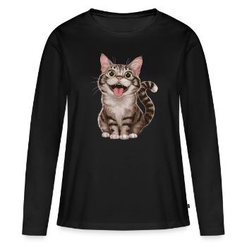 Fröhliche Getigerte Katze Mit Weit Geöffneten - Frauen Premium Bio Langarmshirt - Schwarz - Vorne - Julia (174cm)
