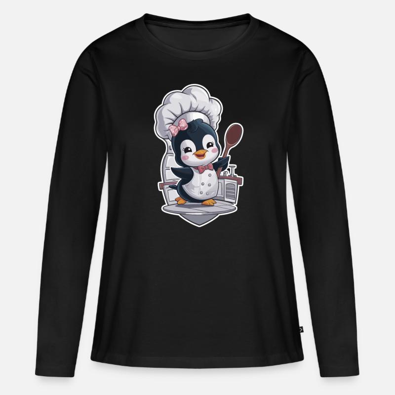 Pinguin Chefkoch mit Kochmütze und Löffel - Frauen Premium Bio Langarmshirt - Schwarz