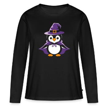 Pinguin Halloween Hexenhut und Umhang - Frauen Premium Bio Langarmshirt - Schwarz - Vorne - Julia (174cm)