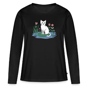 Chat cottagecore sur nénuphar dans le jardin - T-shirt manches longues Premium bio Femme - noir - Devant - Julia (174cm)