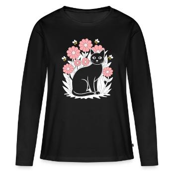 Cottagecore Idylle : Chat noir avec des fleurs et - T-shirt manches longues Premium bio Femme - noir - Devant - Julia (174cm)