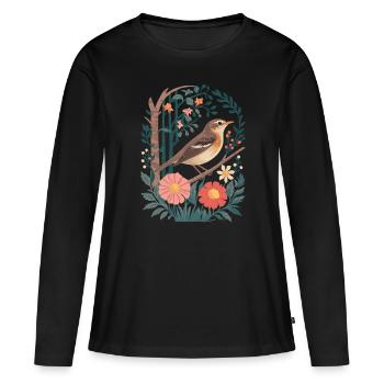 Oiseau de forêt cottagecore avec des fleurs et des brindilles - T-shirt manches longues Premium bio Femme - noir - Devant - Julia (174cm)