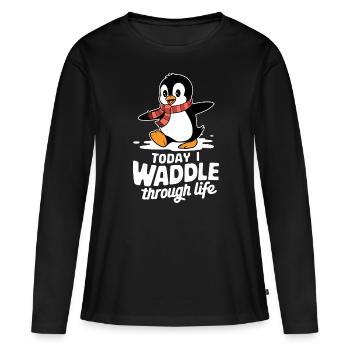 Aujourd’hui, je me dandine dans la vie Pingouin - T-shirt manches longues Premium bio Femme - noir - Devant - Julia (174cm)
