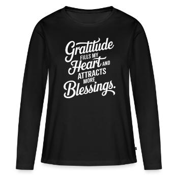 Citation sur la manifestation de l’abondance : La gratitude remplit - T-shirt manches longues Premium bio Femme - noir - Devant - Julia (174cm)