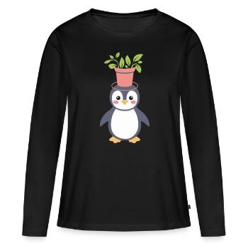 Plante amant pingouin avec pot de fleurs sur le - T-shirt manches longues Premium bio Femme - noir - Devant - Julia (174cm)