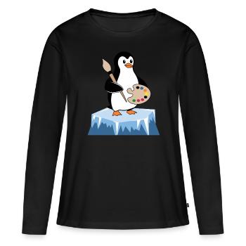 Pingouin artiste avec pinceau et palette - T-shirt manches longues Premium bio Femme - noir - Devant - Julia (174cm)