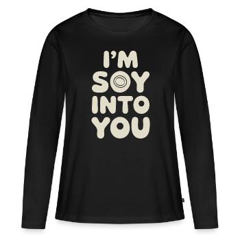 Je suis totalement amoureuse du soja – végétalien, végétarien - T-shirt manches longues Premium bio Femme - noir - Devant - Julia (174cm)
